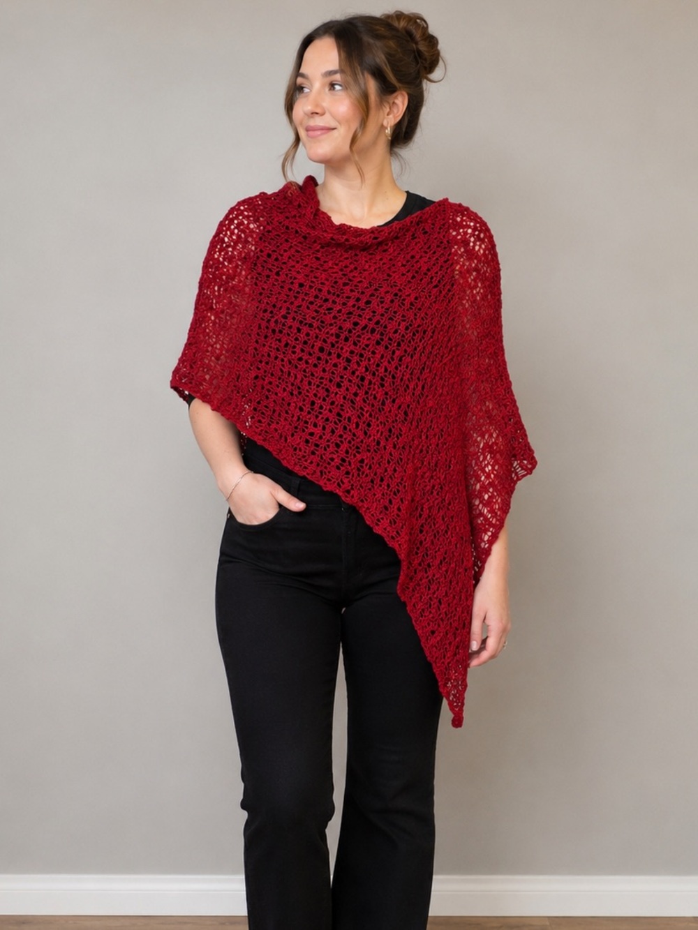 Red Open-Knit Poncho Sweater - Women's Layering Top